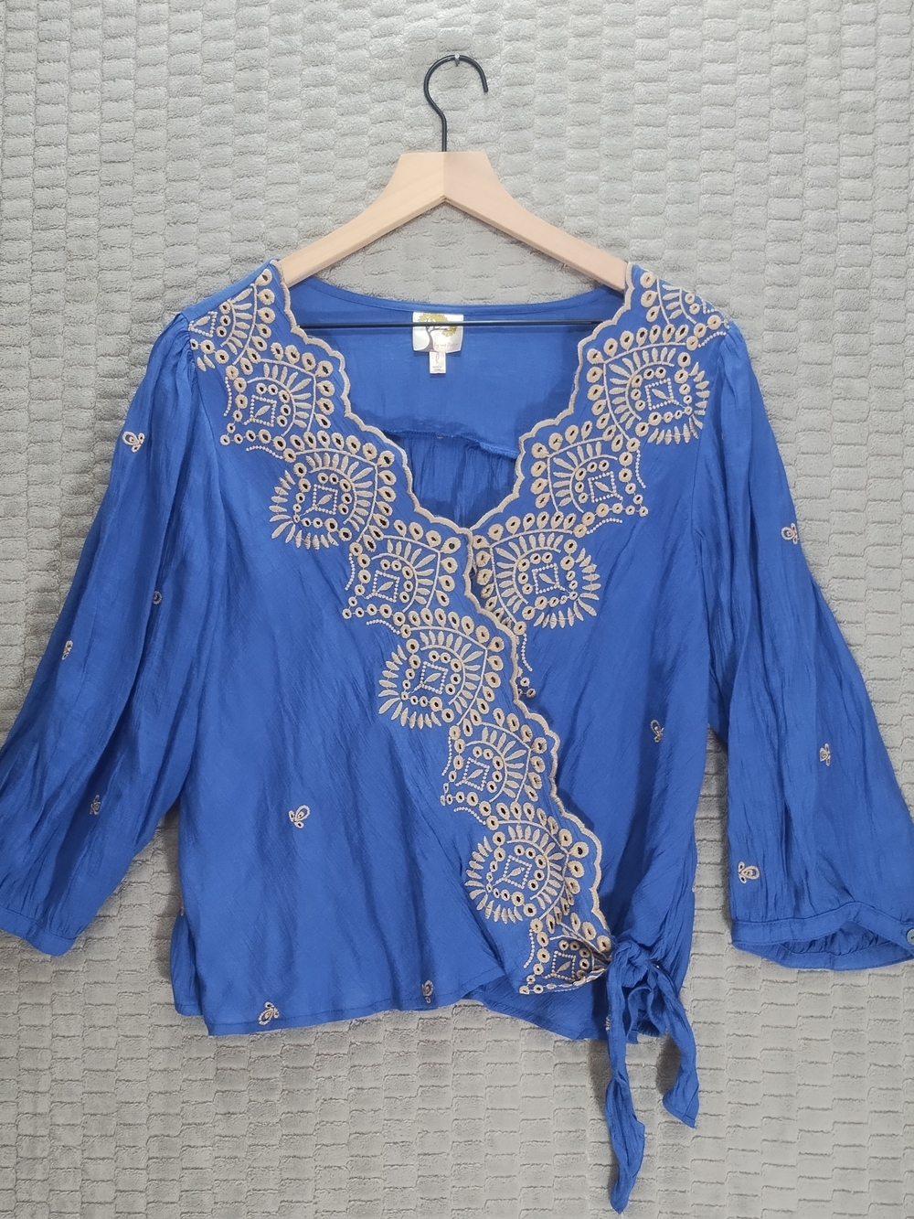Fig and Flower Royal Blue Embroidered Wrap Tie Boho Blouse-Sz L